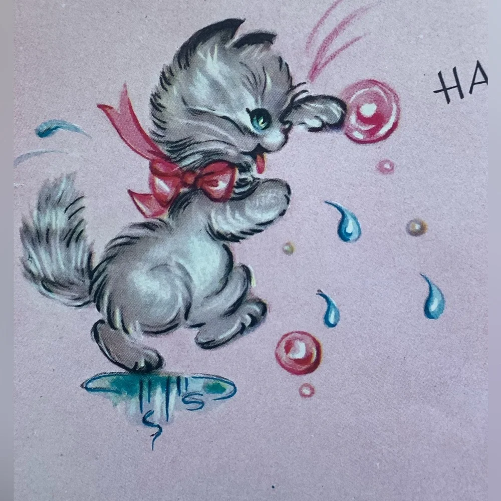 Vintage, 1950 Era Birthday Card Kitten & Puppy Bath Time “Just Bubbling Over”